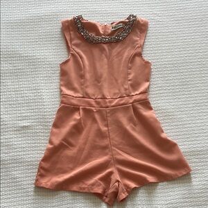 Coral Sleeveless Romper with Embellished Collar